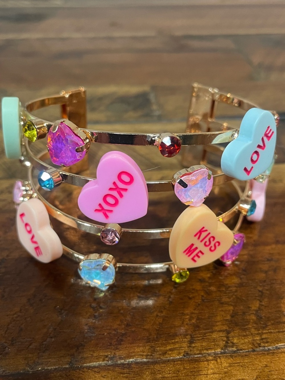 Gold-tone Candy Heart Multi-Color Charm Cuff Bracelet J327